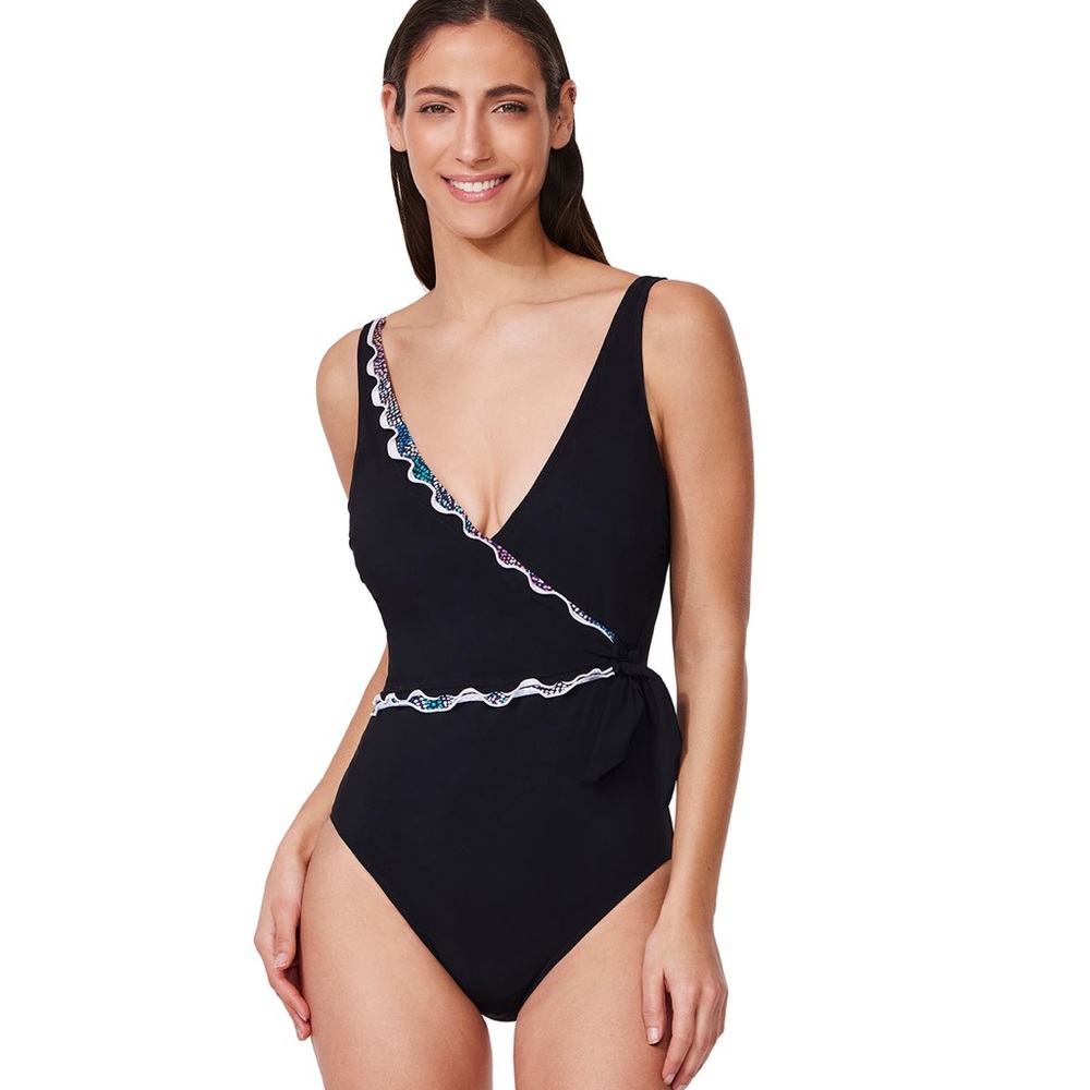 NWT PROFILE BY GOTTEX LAYLA TRICOLORE V-NECK SURPLICE ONE PIECE SWIMSUIT SIZE 14